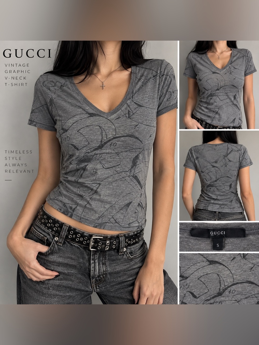 Vintage Gucci Tom Ford Era Abstract GG Graphic V-Neck T-Shirt S